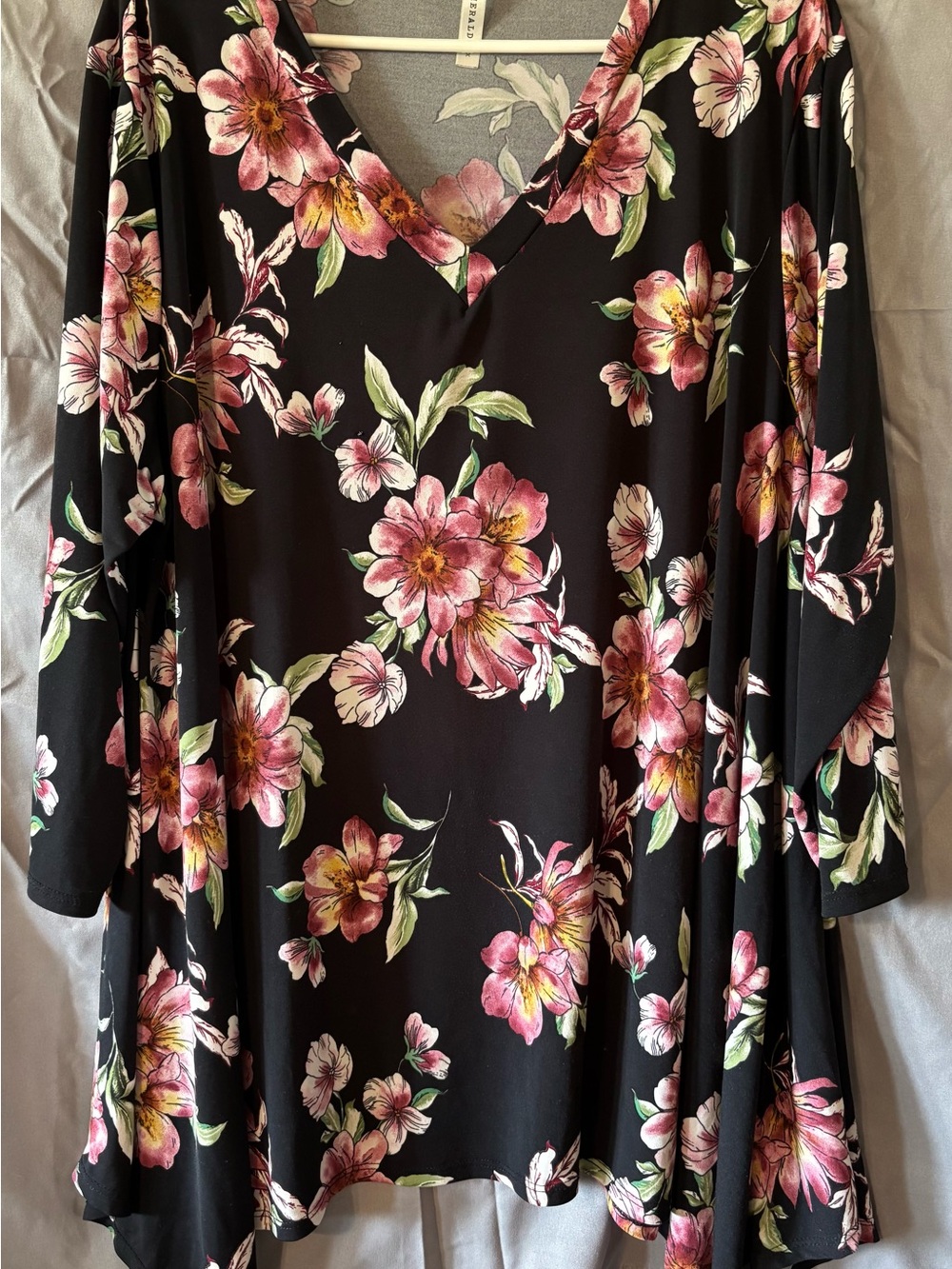 Emerald Black V-Neck Tunic with Pink Floral Print